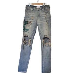 Lakenzie Mens Vintage Embroidered Distressed Cobra Snake Jeans Sz Small 30×32